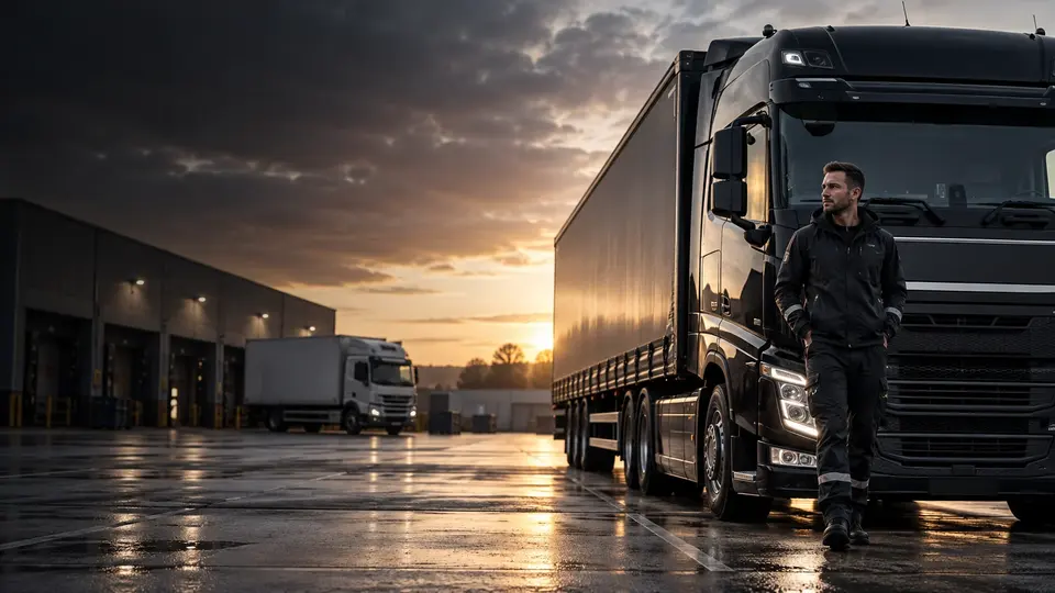 Illustrative image: an HGV driver beside a black articulated lorry at a depot